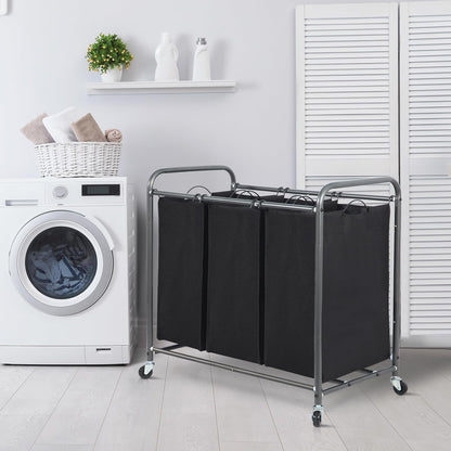 STORAGE MANIAC 3 Section Laundry Sorter, 35.6 Gal (135 L) Laundry Hamper Cart with Heavy Duty Rolling Lockable Wheels and Removable Bags, Clothes Organizer Basket Separator Hamper, Gray