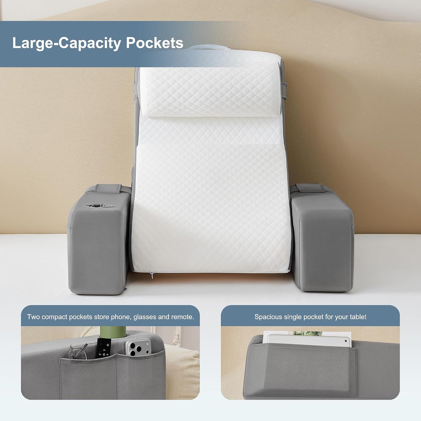 Reading Pillow for Bed with Adjustable Armrests and Side Pockets, Back Pillow for Bed Sitting Up, Sit Up Pillow, and Bed Pillows for Sitting Up, Ideal for Reading, Watching TV and Relaxing, Light Gray
