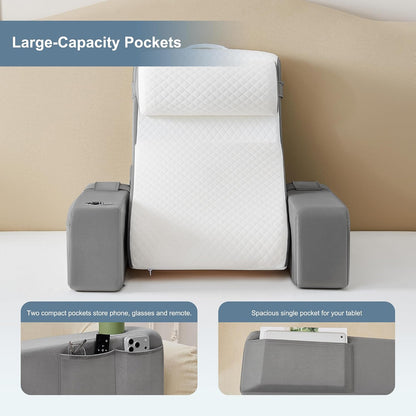 Reading Pillow for Bed with Adjustable Armrests and Side Pockets, Back Pillow for Bed Sitting Up, Sit Up Pillow, and Bed Pillows for Sitting Up, Ideal for Reading, Watching TV and Relaxing, Light Gray