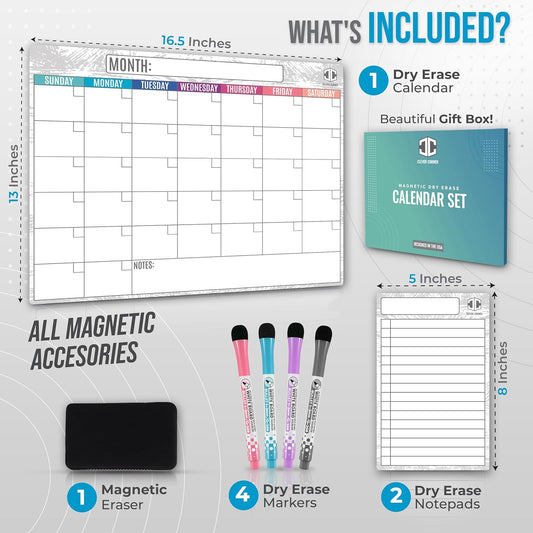 Dry Erase Magnetic Calendar for Refrigerator 16.5x13; 2 Wide Notepads; 4 Markers; Eraser - No Stain Monthly Fridge Calendar Whiteboard