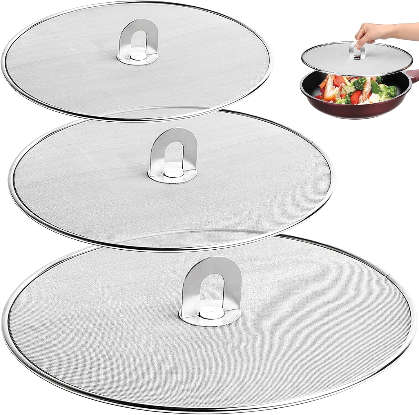 3 Pack Splatter Screen for Frying Pan 13" 11.5" 9.8" | Stainless Steel, Grease Splatter Guard, Ultra Fine Mesh Lids, with Fold Flat Knob for Prevent Oil Splatter