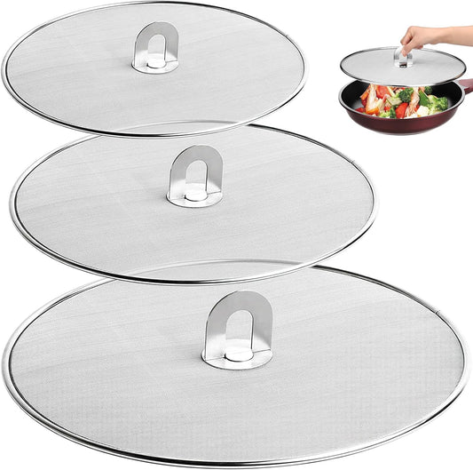 3 Pack Splatter Screen for Frying Pan 13" 11.5" 9.8" | Stainless Steel, Grease Splatter Guard, Ultra Fine Mesh Lids, with Fold Flat Knob for Prevent Oil Splatter