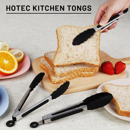 Hotec Mini Silicone Kitchen Tongs for Cooking - 7-Inch Small Serving Tongs with Silicone Tips, Set of 3 (Black,Grey,Light Blue)