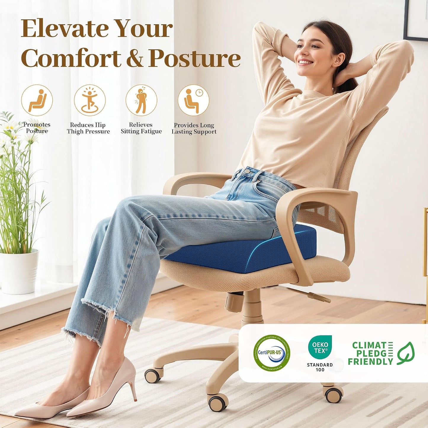 TranquilRelax Memory Foam Seat Cushion for Office Chair, 3-Inch, Black | Medium-firm Support for Long Sitting, Washable Mesh Cover, Non-slip Base, Perfect for Car Seats & Short Drivers