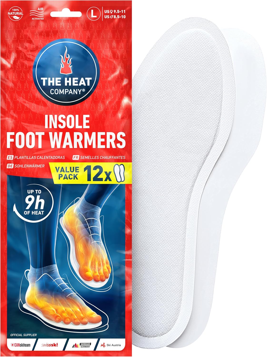 THE HEAT COMPANY Insole Foot Warmers - 6, 12 or 32 Pairs – S, M, L, XL – 9h of Warmth - Air Activated Feet Warmers - Purely Natural - Toe Warmers for Feet - Insole Foot Warmers for Women & Men