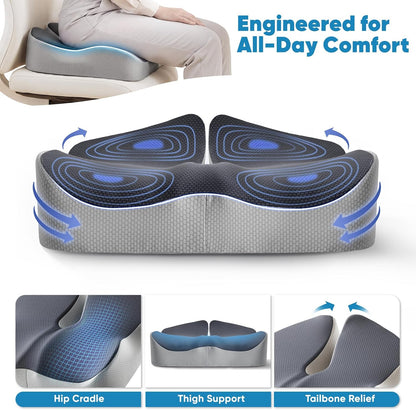Office Chair Seat Cushion, Adjustable Height Memory Foam Cushion with Coccyx Cutout,Thick Ergonomic Seat Pad for Long Sitting, Tailbone Support for Desk Chair, Washable Cover