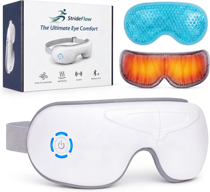 STRIDEFLOW Eye Massager with Heat, Migraine Mask & Headache Relief, FSA Eligible/HSA Eligible, Dry Eye Relief, GENTLE Warmth & LIGHT Compression, Cooling Gel Eye Mask, Foldable Rechargeable