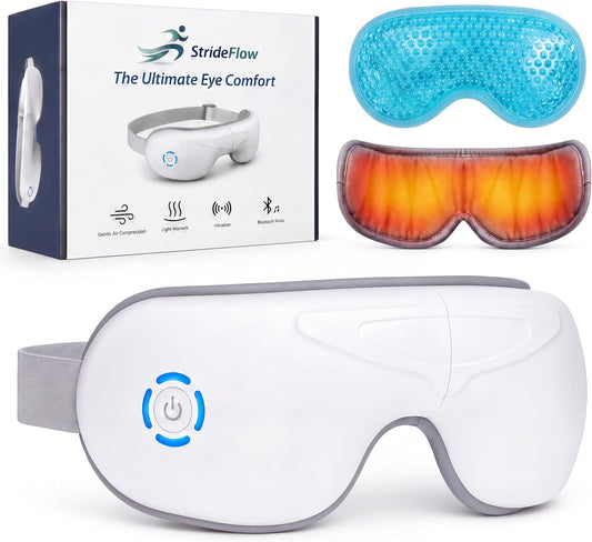 STRIDEFLOW Eye Massager with Heat, Migraine Mask & Headache Relief, FSA Eligible/HSA Eligible, Dry Eye Relief, GENTLE Warmth & LIGHT Compression, Cooling Gel Eye Mask, Foldable Rechargeable