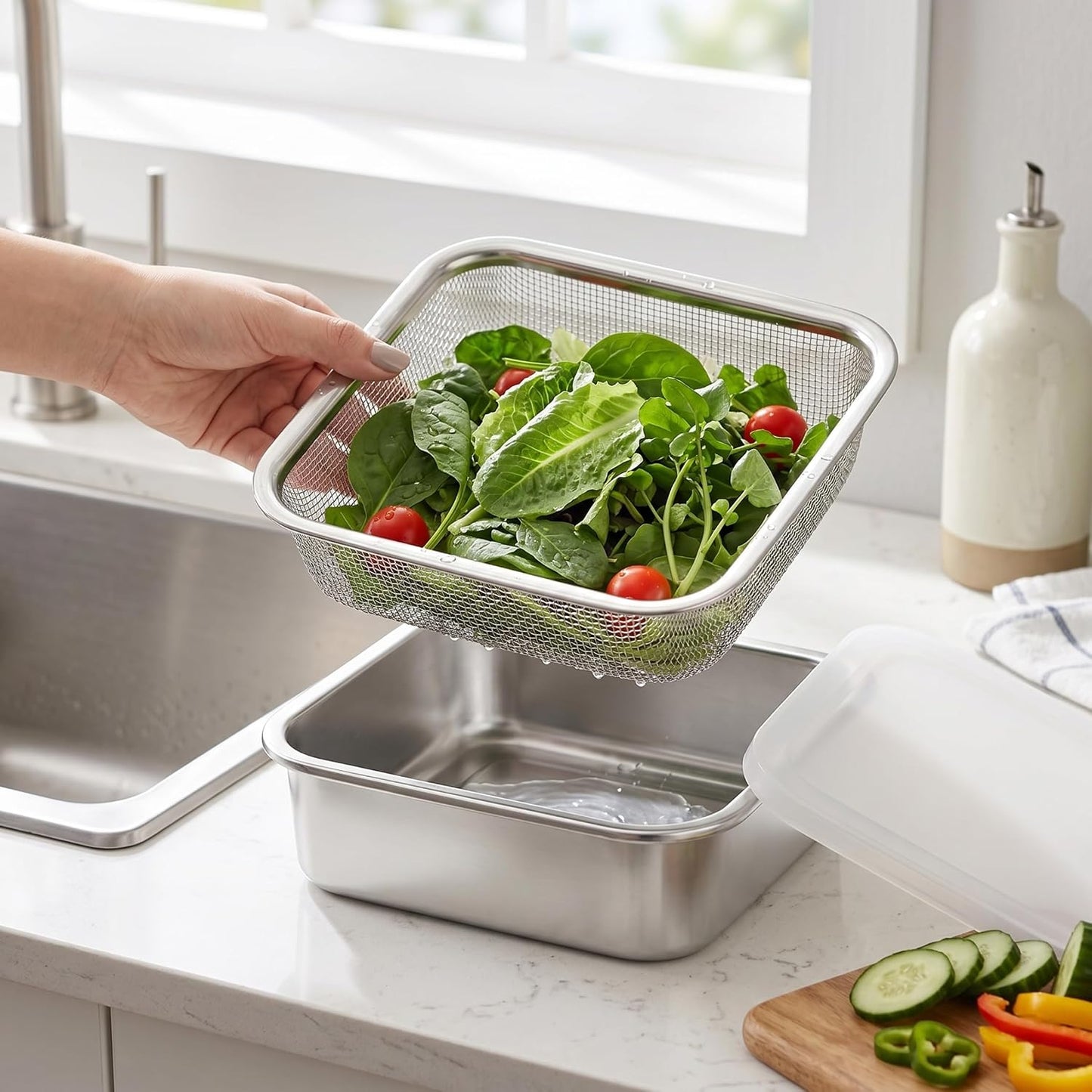 Square Strainer 3PCS/Set Fruit Storage Containers For Fridge Stainless Steel Square Strainer With Lid Lettuce Keeper Dish 1500ml