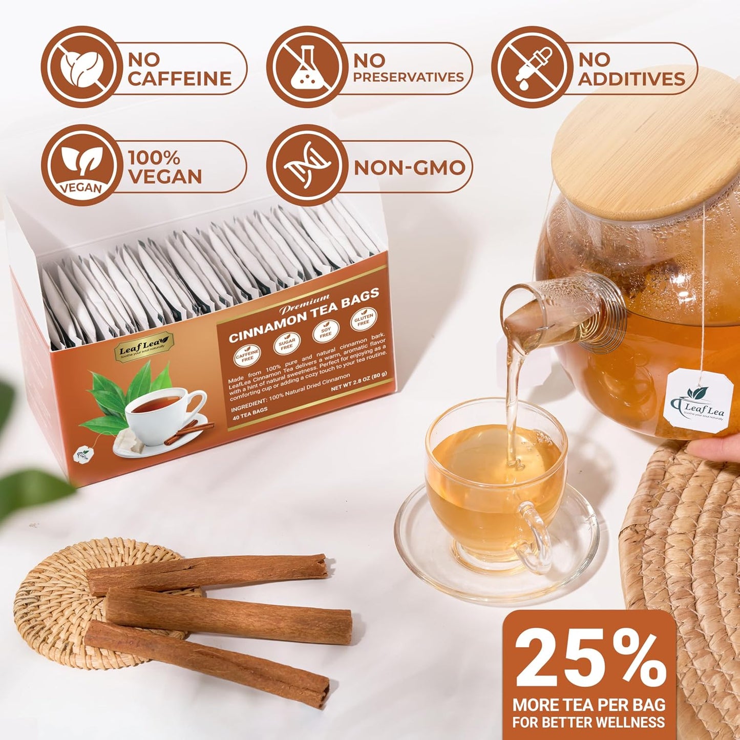LeafLea 40 Turmeric Ginger Cinnamon Tea Bags, 100% Natural Ingredients Herbal Tea, Turmeric Ginger Herbal Blend for Wellness, Vegan, No Sugar, Caffeine-Free, Individually Wrapped for Freshness