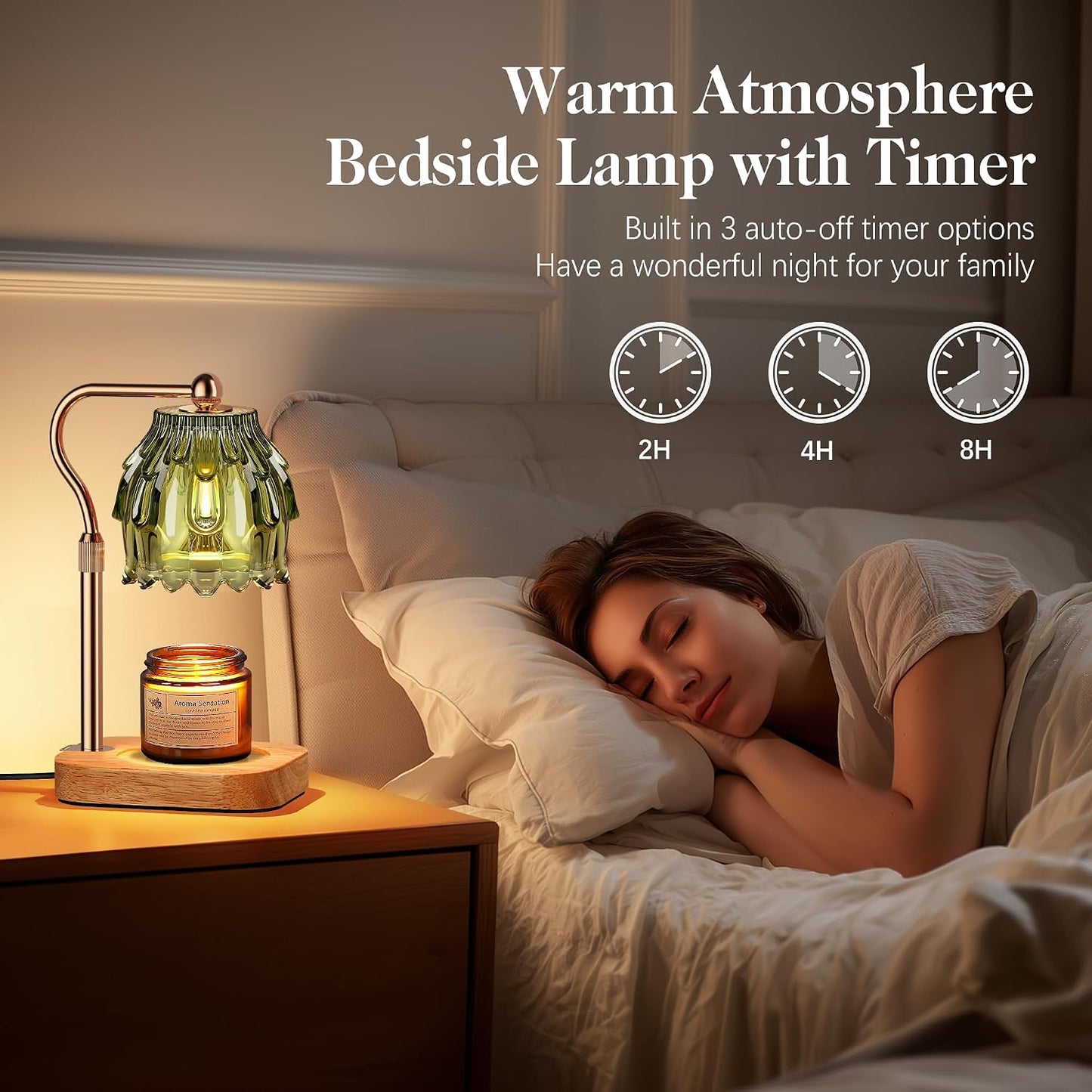 Candle Warmer Lamp with Timer Dimmer, Modern Wax Warmer for Scented Wax Jar Candle Warmer with 2 Bulbs, Adjustable Height Glass Lamp for Gifts for Women, Home Decor, Gold Amber