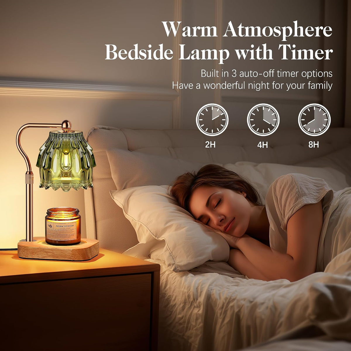 Candle Warmer Lamp with Timer Dimmer, Modern Wax Warmer for Scented Wax Jar Candle Warmer with 2 Bulbs, Adjustable Height Glass Lamp for Gifts for Women, Home Decor, Gold Amber