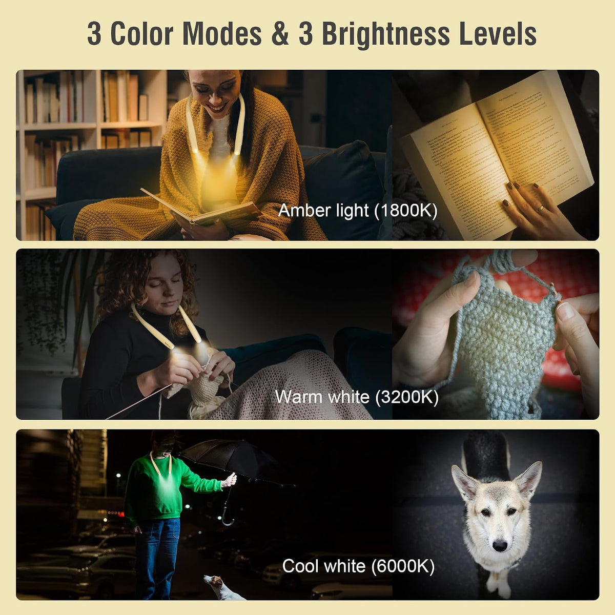 LED Neck Book Light Reading Lamp USB Rechargeable, Lighter Weight,Hands Free, Each 3 Colors with 3 Brightness, 80-hr Lasting Rechargeable Lamp,Perfect for Reading in Bed(Chesse Yellow).