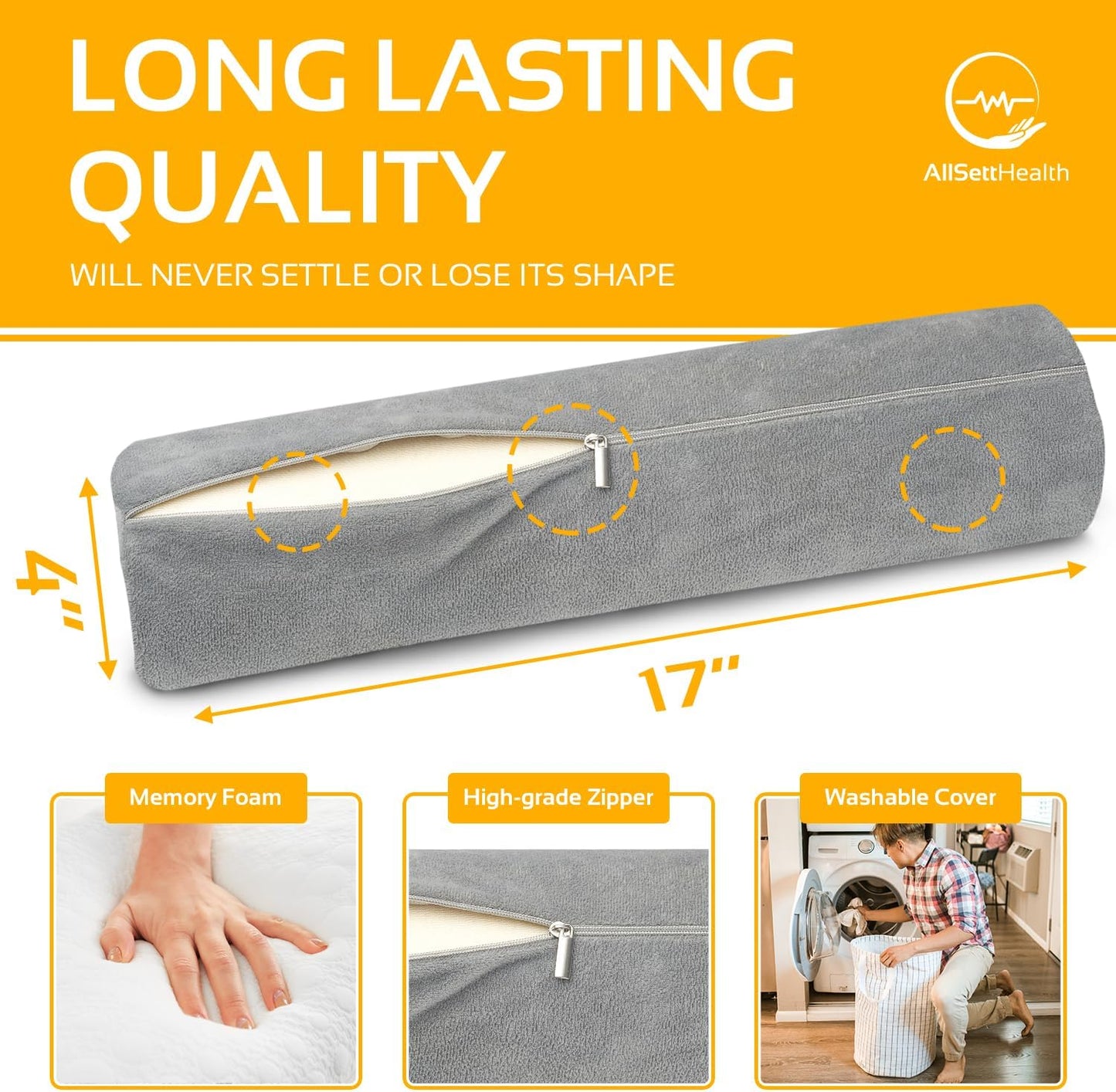 AllSett Health Firm Cervical Neck Roll Memory Foam Pillow, Bolster Pillow, Round Neck Support for Sleeping | Bolster for Bed, Legs, Back and Yoga