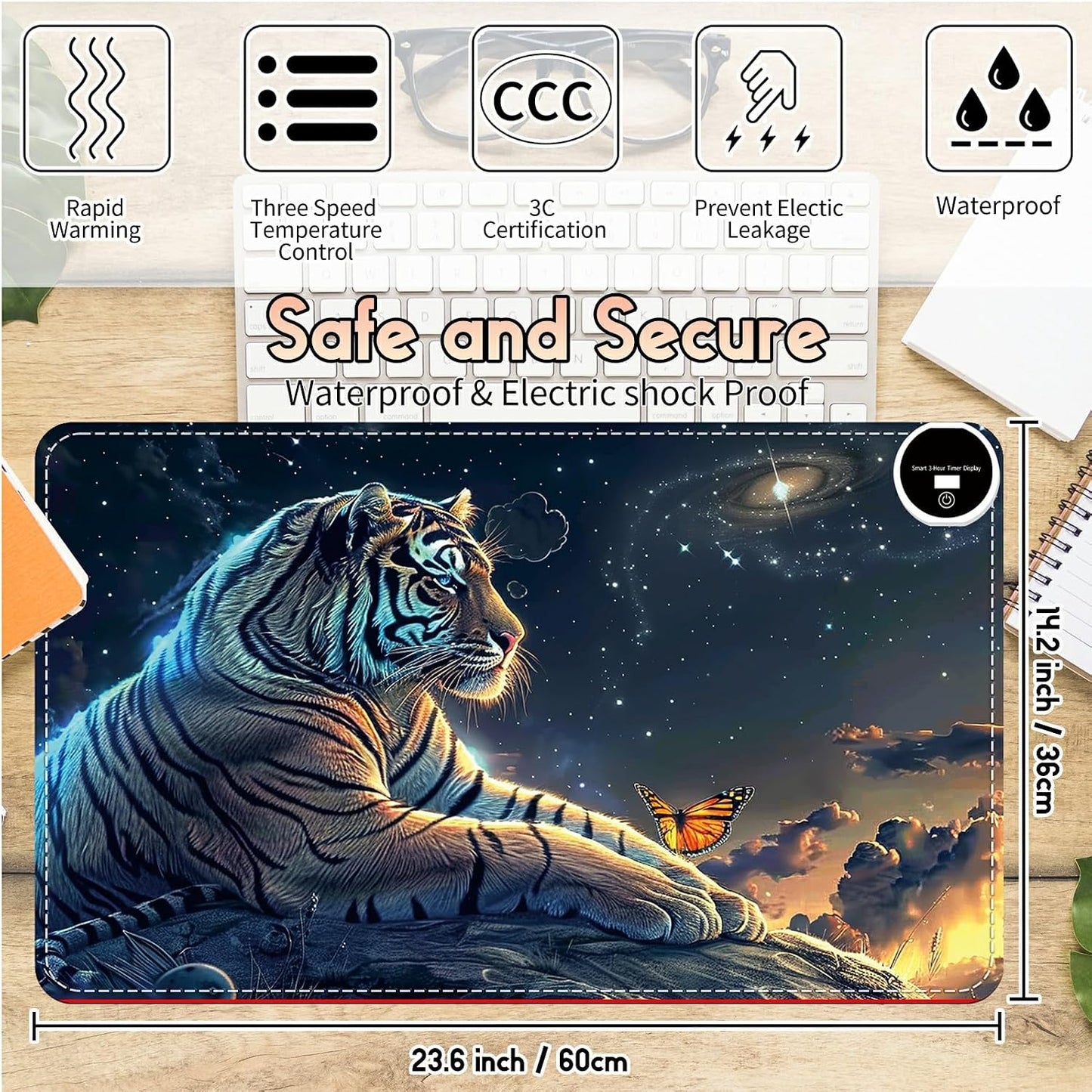 Heated Desk Pad Heated Large Mouse Pad, Electric Quickly Warm Desk Mat with 3 Levels Heating 3 Hours Auto Shut-Off, 31.5" x 13" Warm Gaming Mousepad Hand Foot Warmer, Baby Elephant
