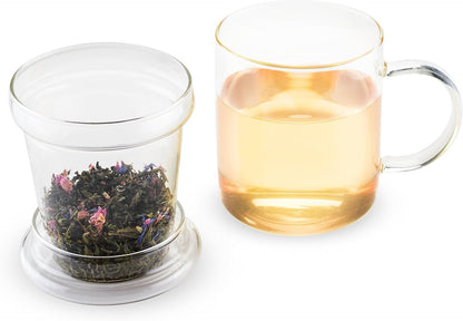 Pinky Up Blake Tea Infuser Mug with Lid, Glass Cups for Loose Leaf or Flowering Teas, Travel Mugs, Home Office, Picnic, Camping, 12 oz Set of 1, Clear