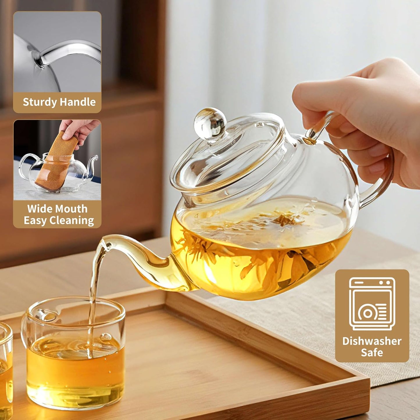 DOPUDO 40OZ (1200ML) Glass Teapot with Infuser Stovetop Safe, Clear Glass Tea Pot Kettle, Borosilicate Tea Pot with Infusers Filter for Loose Tea, Tea Kettle Dishwasher Safe.