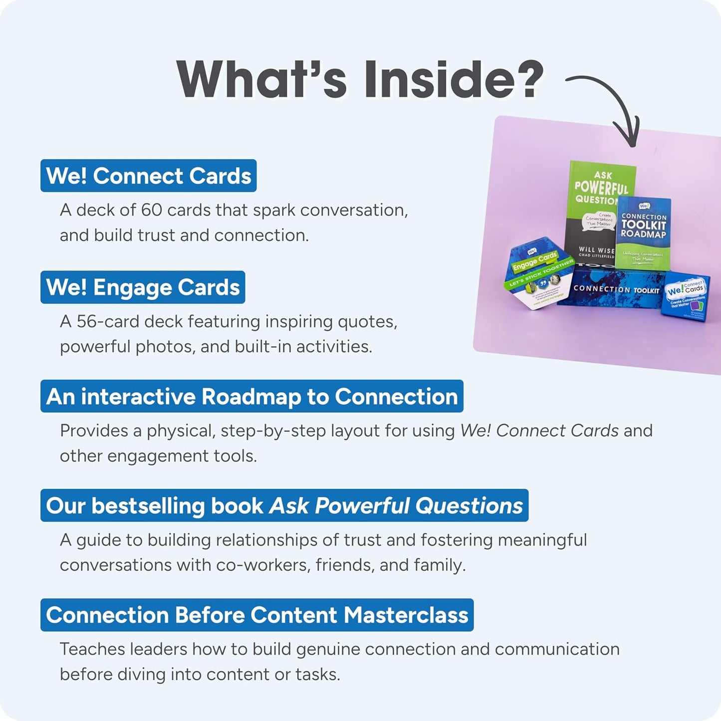 We! Connect, Ice Breaker Conversation Cards for Teams,10+ Activities | 20 fun, 20 deep & 20 self-reflection cards with10-plus activity guides & videos for workplace & education, featured by TEDx