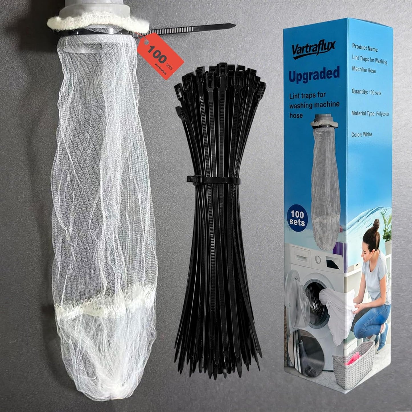 100 Pack Upgraded Lint Traps for Washing Machine Hose with Double-Layer Bottom Filter - Pet Hair Remover & Drain Hose Filter to Prevent Clogs, Universal Laundry Lint Snare for Washer