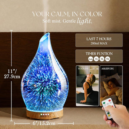 Porseme 280ml Remote Essential Oil Diffuser 3D Glass Ultrasonic Mist 7H