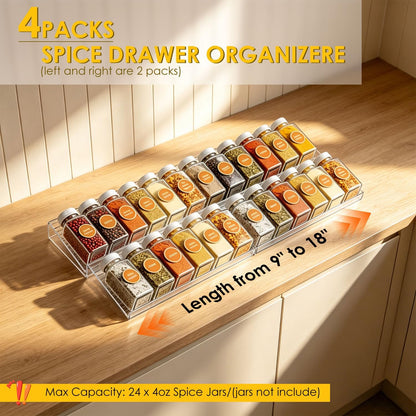 4 Pack Spice Drawer Organizer, Acrylic Spice Rack Expandable From 9" to 18", Clear Seasoning Organizer Tray for Kitchen Holds up to 24 Jars (Jars Not Included)