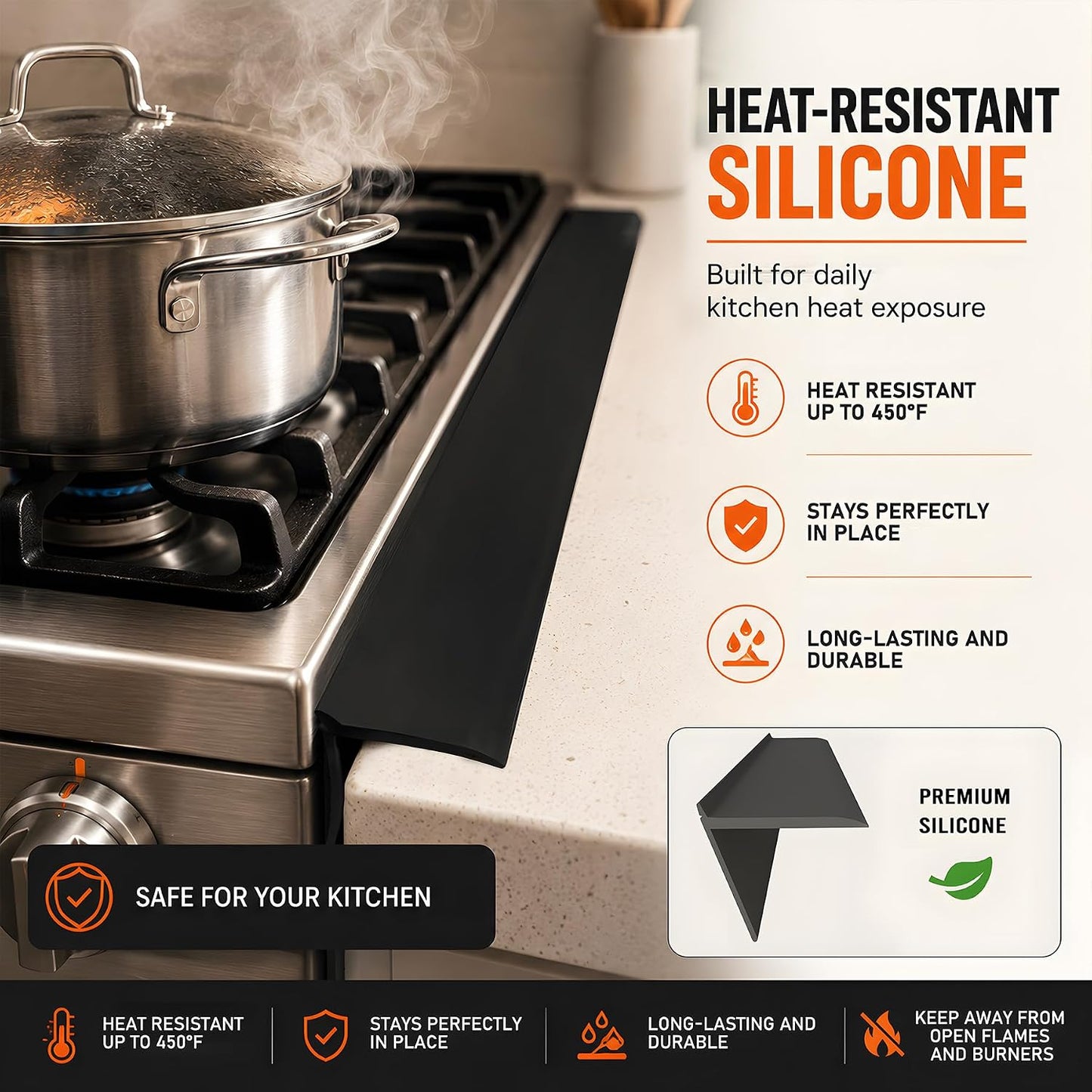 Silicone Stove Counter Gap Cover - 25 Inch Gap Filler 2 Pack Black | Long gap filler seals spills between kitchen appliances Stovetop oven countertop; stove gap cover, gas stove side gap covers