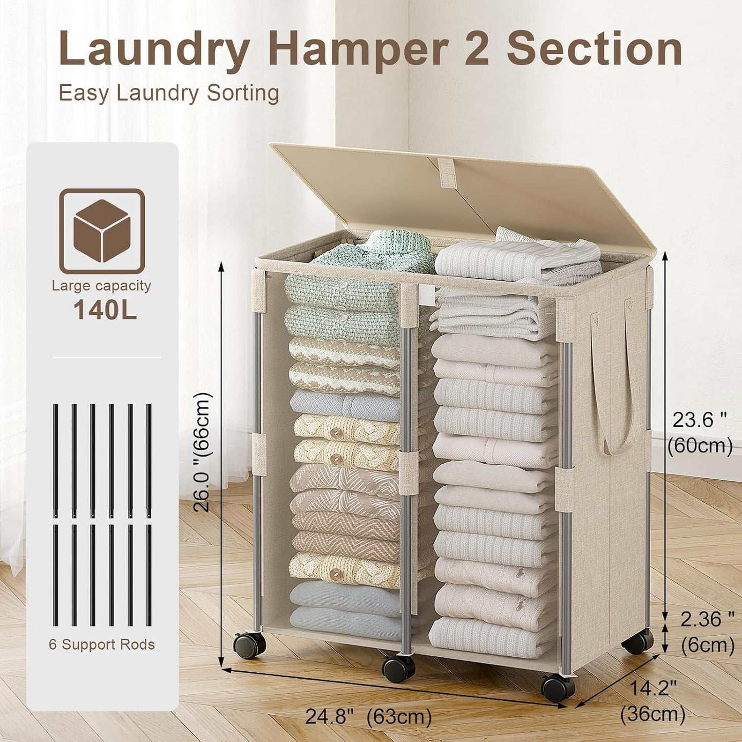140L Double Laundry Hamper with Lid and 6 Wheels, Rolling Laundry Basket | Gasvadivum Metal Frame Laundry Sorter 2 Section with 2 Removable Bags, Large Clothes Cart for Bedroom, Bathroom, Black