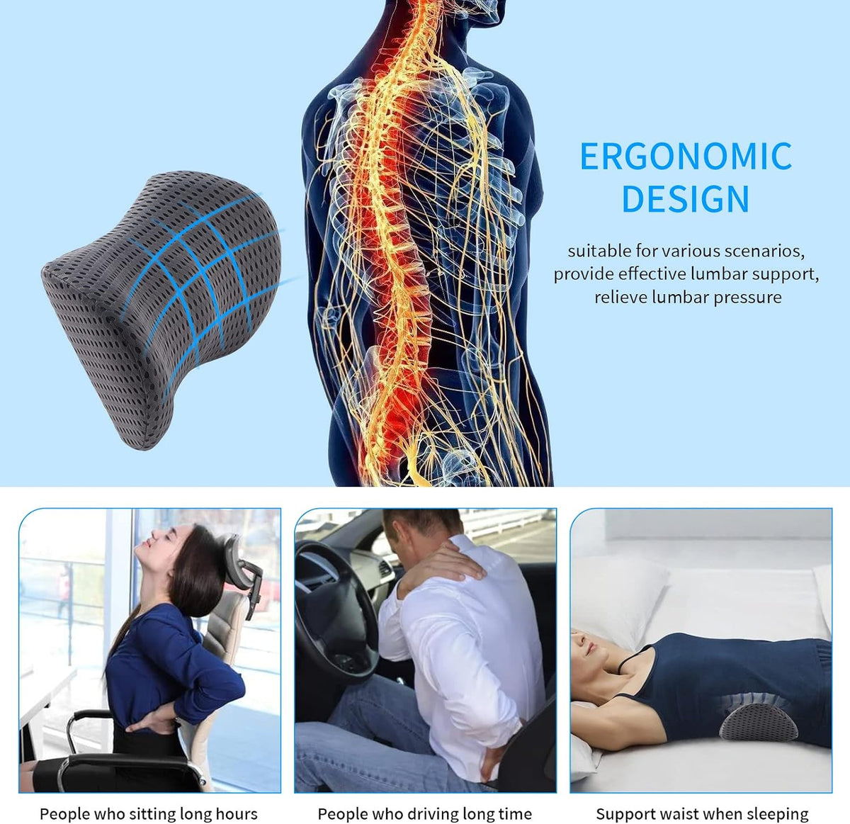 Lumbar Pillow, Memory Foam Lumbar Support Pillow for Office Chair and Car Seat, Ergonomic Streamline Back Pillow for Lower Back Pain Relief, Back Support Pillow for Sitting, Driving, Traveling