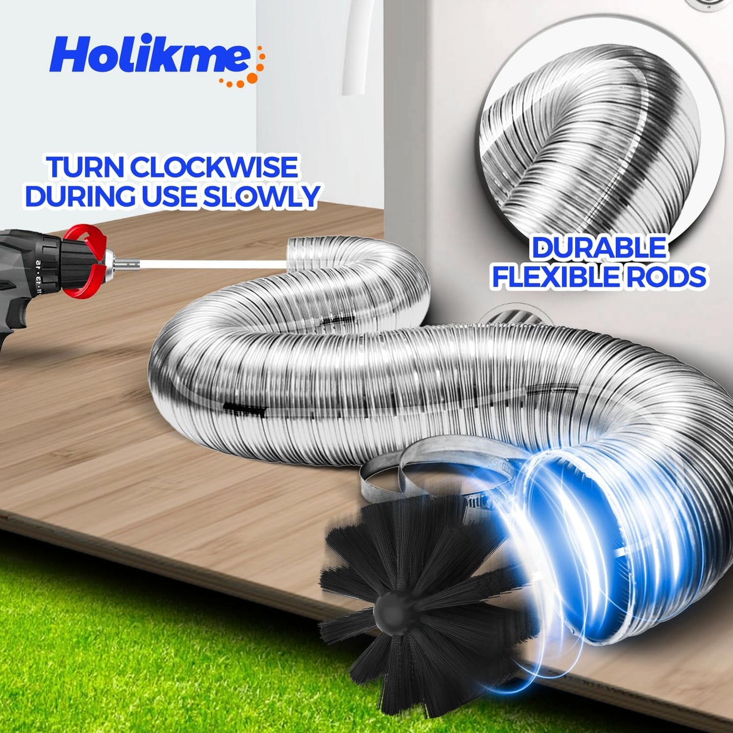 Holikme 60Ft Dryer Vent Cleaner Kit - Flexible Lint Brush for Deep Cleaning | Flexible Nylon Rods, Synthetic Brush Head, Drill Attachment, Deep Clean, Lint Removal, Easy DIY Assembly, Home Essential