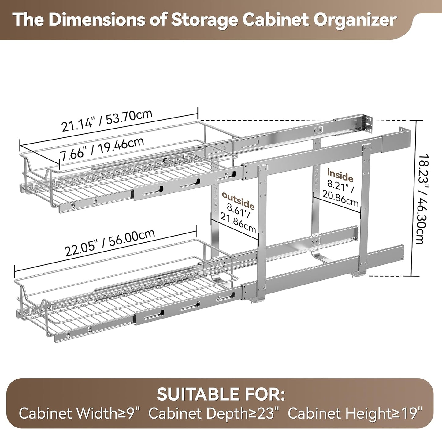 Pull Out Cabinet Organizer 15" W X 22" D, Chromed, Full Slide Out Drawers | For Kitchen Organizers and Storage, Pull Out Drawers For Cabinets Capacity Heavy Duty Caddy, Cabinet Shelves, Bathroom Pantry