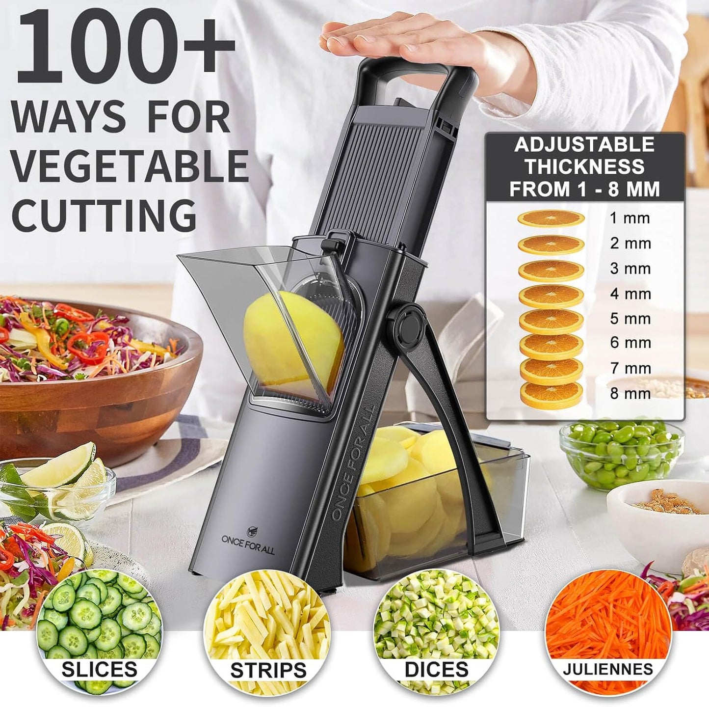 ONCE FOR ALL Safe Mandoline Slicer Plus, Bigger Size, Potato Slicer, Black | 0.1-8mm Adjustable Vegetable Food Chopper, Kitchen Mandoline Slicer Stainless Steel, Detachable Blade, Dishwasher-safe, Gift