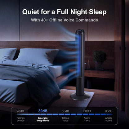Emerson SmartVoice 40” Tower Fan, Wi-Fi-free Voice Control Fan, Hands-Free Cooling, No WiFi, No App, 70° Oscillation, 3 Speeds, 15-Hr Timer, Sleep Mode & Remote Control