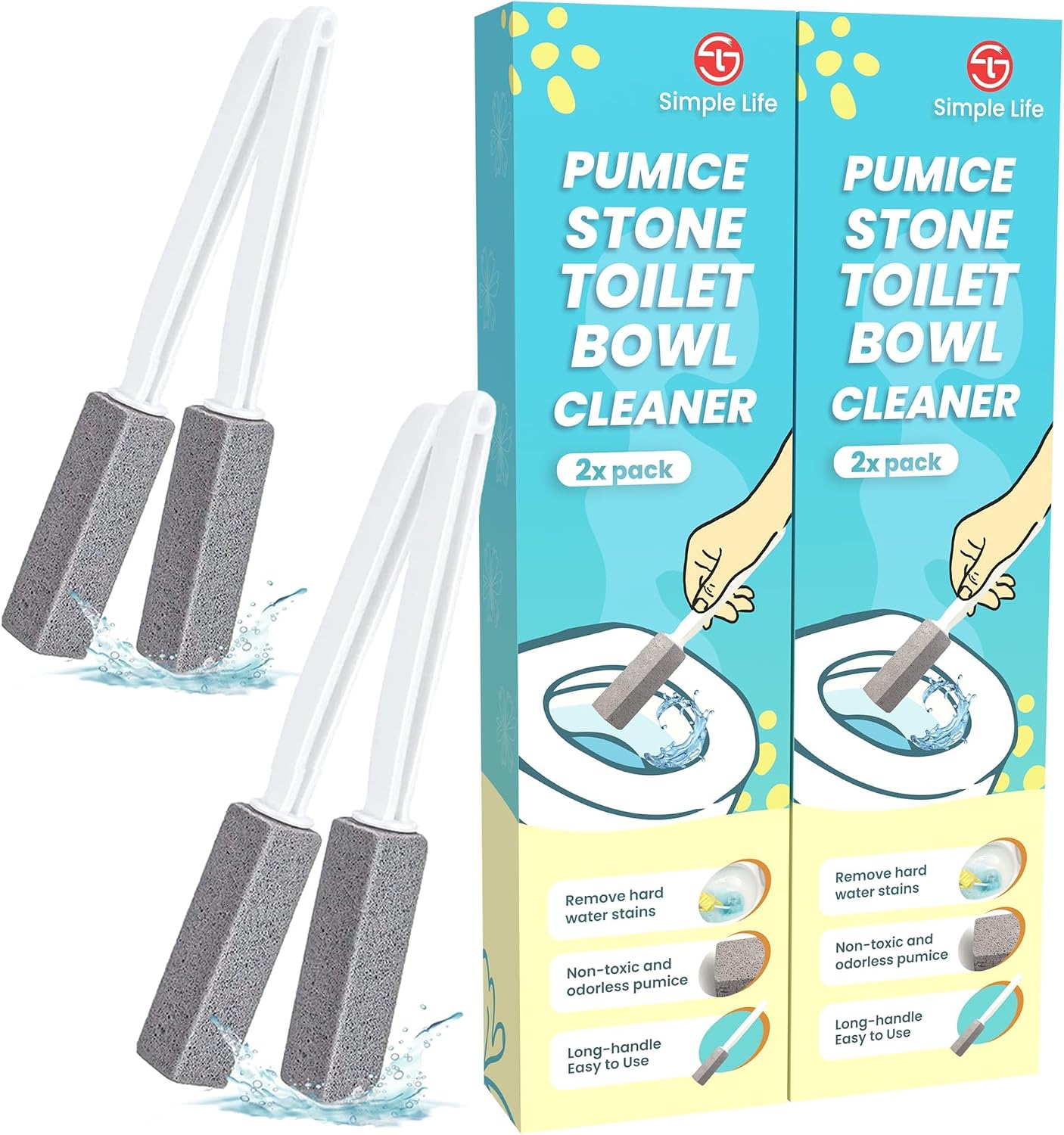 Simple Life Pumice Stone Toilet Bowl Cleaner | Toilet Pumice Stone with Extra Long Handle | Scouring Stick for Toilet Cleaning, Stain Removal on Toilets, Grills, Tiles, Grout & Pools | 2 Pack