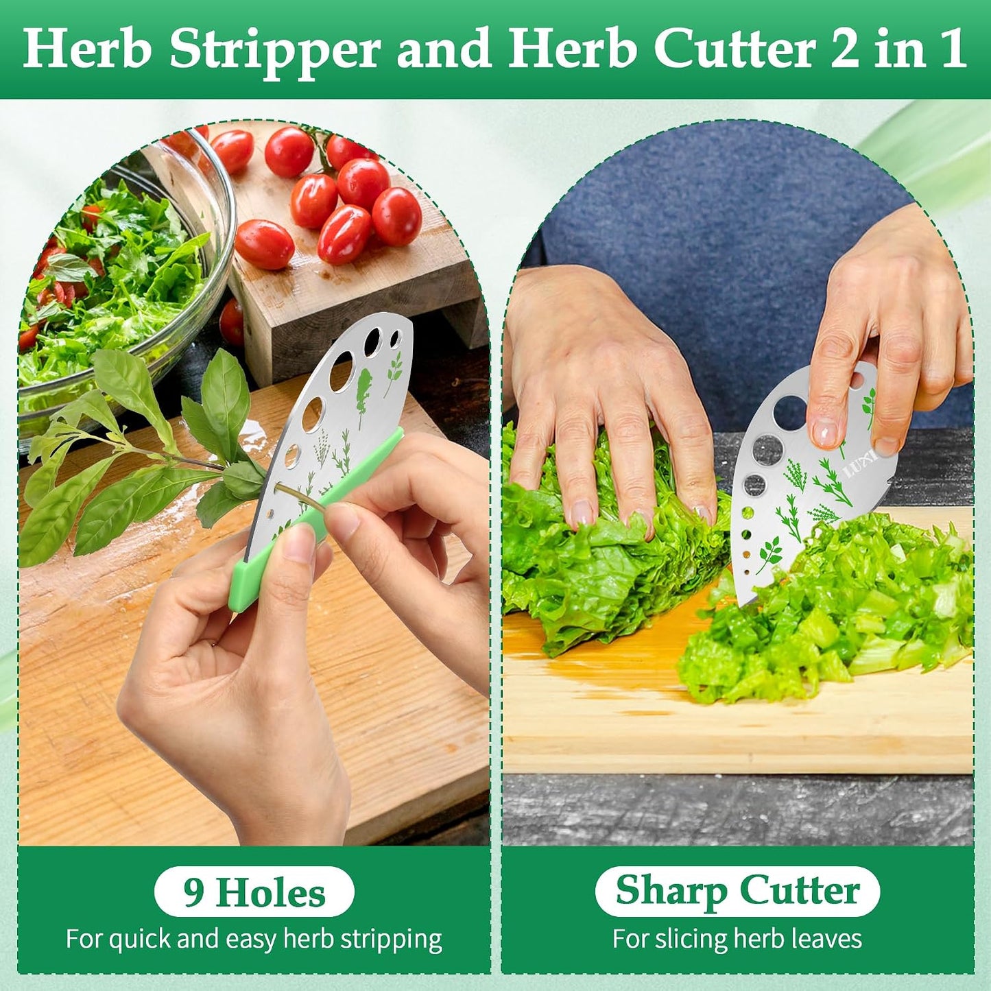 Herb Stripper Tool Stainless Steel 9-Hole Leaf Peeler with Knife | 2in1 Cutting and Stripping, 9-Hole Stainless Steel Tool With Cover, For Stripping Kale, Chard, Basil, Thyme & Rosemary Leaves