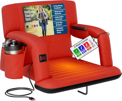 Heated Reclining Stadium Seat for Bleachers – Wide Bleacher Chair with Back Support and Cushion, Armrests, Side Pockets, & Hook – Stadium Seats Chairs for Camping, Kayak, Paddle Board & More