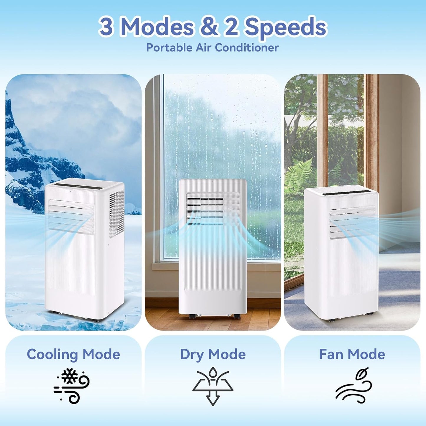 10000 BTU Portable Air Conditioner, 3 In1 Cooling Dehumidifier Fan, Quiet Fast Cooling, 4 Way Swing, LED Display, Remote, 24H Timer, 360° Wheels, Window Kit, Cools Rooms Up to 450 Sq.ft