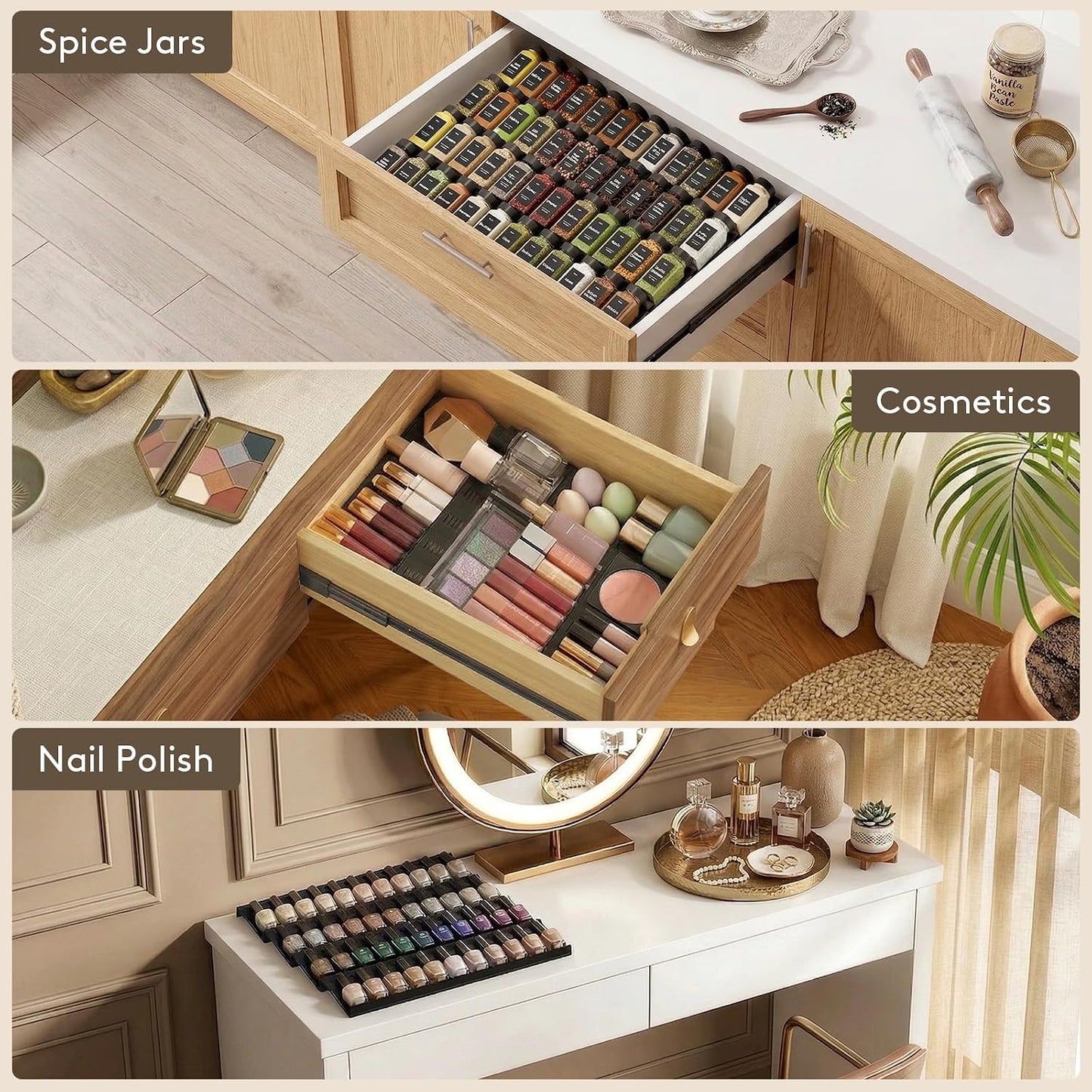 Lifewit Spice Drawer Organizer, 36PCS Interlocking Spice Rack Drawer Insert | Adjustable Seasoning Drawer Organizer with Non-Slip Pads, Spice Organization & Seasoning Storage for Kitchen, Cabinet, Black