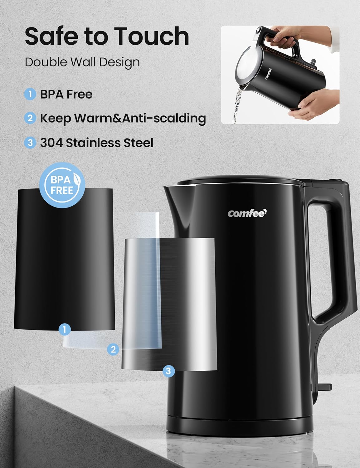 COMFEE Electric Kettle, 1.7L, Auto Shut-Off, 1500W, Black, stainless steel
