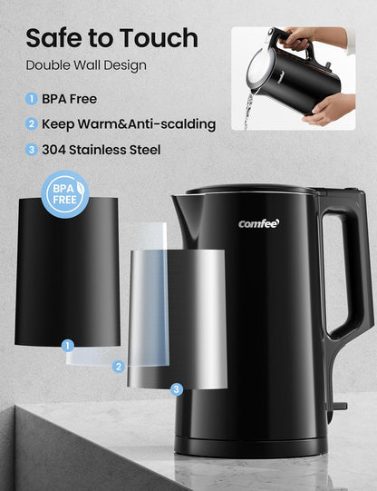 COMFEE Electric Kettle, 1.7L, Auto Shut-Off, 1500W, Black, stainless steel