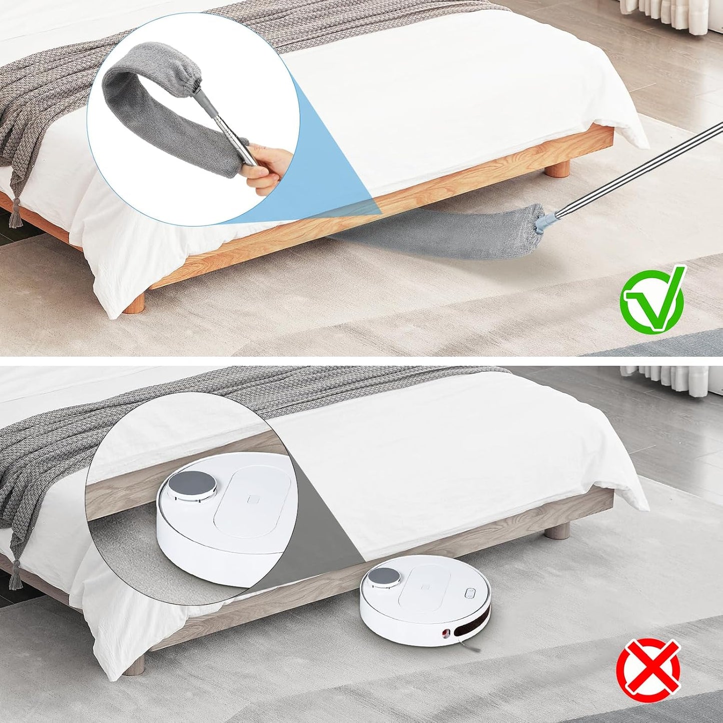 Retractable Gap Dust Cleaner with 15-98 Inch Extension Pole, Flat Duster for Under Appliances and Furniture, Includes 2 Washable Microfiber Pads for High Ceilings and Hard to Reach Spaces