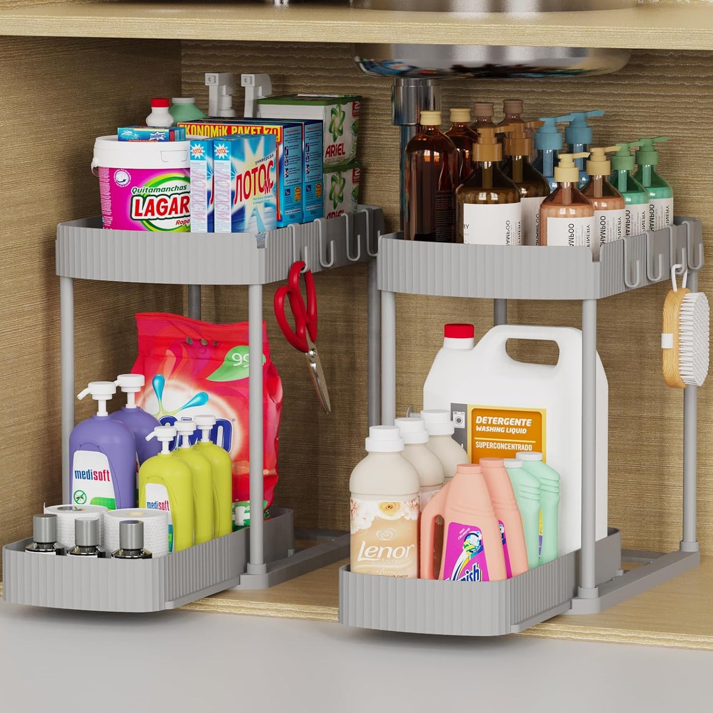 2 Packs Under Sink Pull-Out Storage Organizers, 12.8 Inches, Black | Multi-Purpose Cabinet Organizers and Storage for Bathroom & Kitchen
