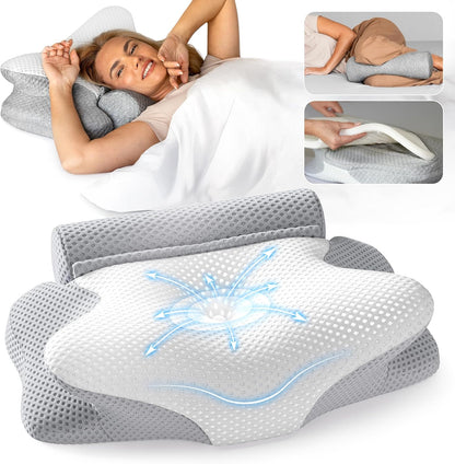 3-in-1 Orthopedic Pillow, Cervical Neck Pillow for Sleeping, Adjustable Height Memory Foam Neck Pillow and Detachable Roll, Contour Pillow for Neck Pain Relief for All Sleeping Positions (Gray)