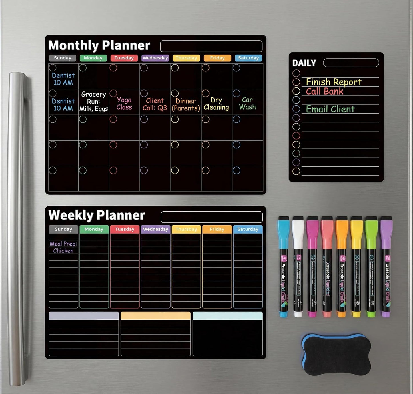 Magnetic Calendar for Refrigerator, Fridge Calendar 3-Pack | Monthly Weekly Daily Dry Erase Calendar Planner Set with Nano-Tech Surface, 17"x12" Magnetic Whiteboard, 8 Markers & Eraser