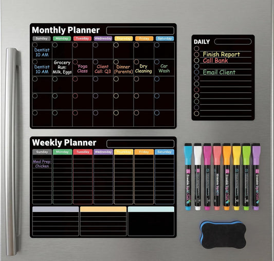 Magnetic Calendar for Refrigerator, Fridge Calendar 3-Pack | Monthly Weekly Daily Dry Erase Calendar Planner Set with Nano-Tech Surface, 17"x12" Magnetic Whiteboard, 8 Markers & Eraser
