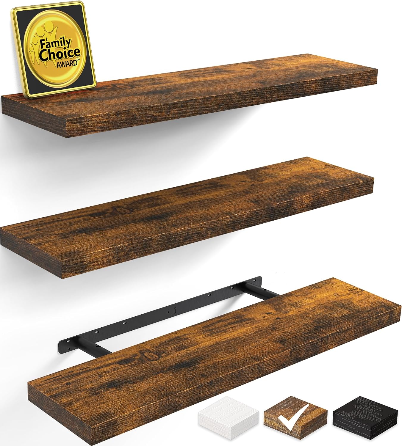 BAYKA Rustic Brown Floating Shelves 22.5in, Set of 2, Wall Mount Wood Shelf | Easy Install, 22lbs Max Load, Hidden Bracket, for Bathroom Bedroom Living Room or Kitchen, Hanging Shelf Book Decor Storage