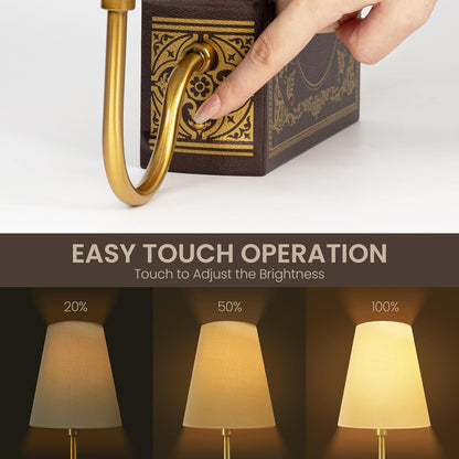 AELS Solid Wood Bookshelf Lamp with Bulb, Cordless Rechargeable Touch Dimmable Table Lamp with Linen Fabric Shade, Modern Decorative Bookend Lamp for Bedroom, Office & Bookshelf Decor, Dark Brown