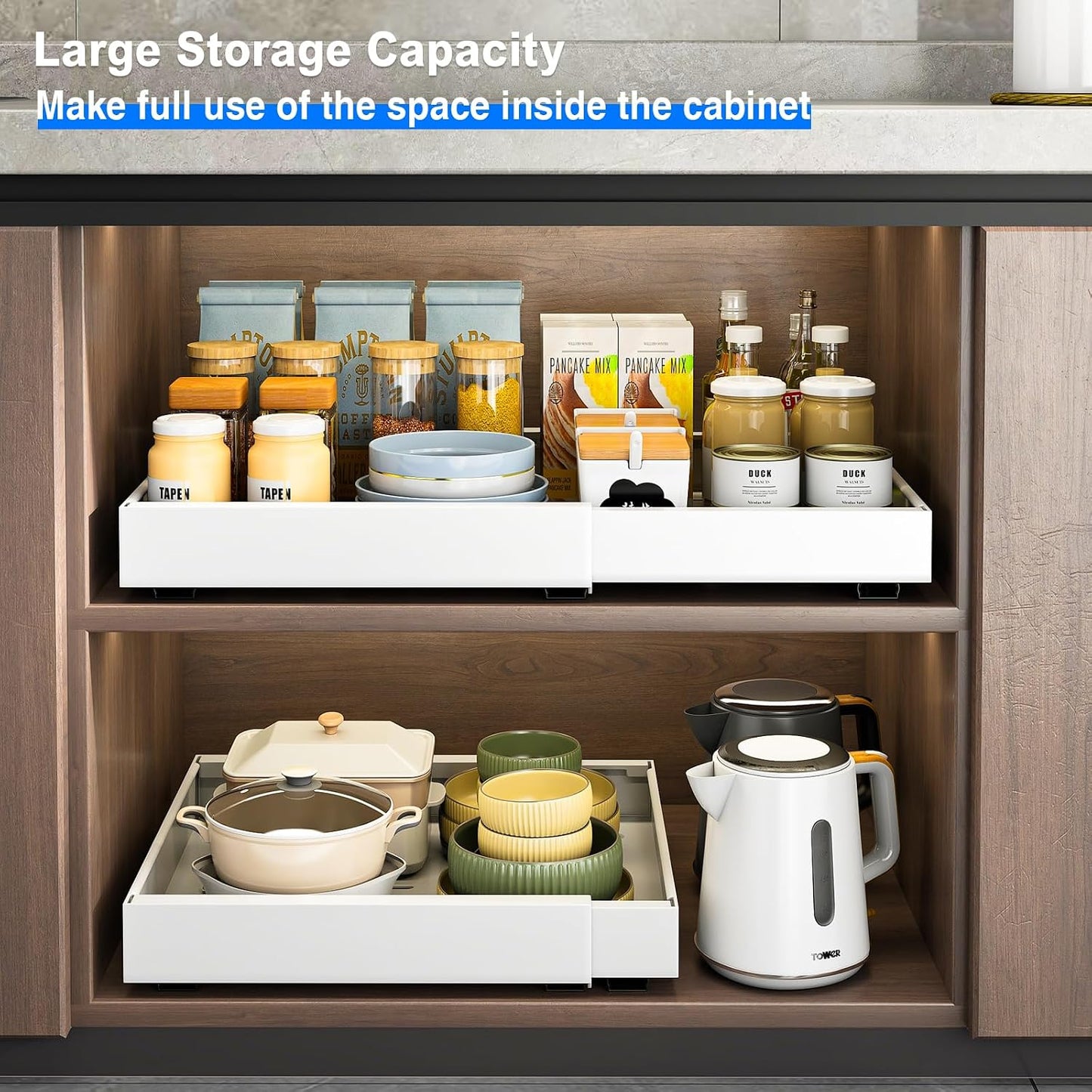 Mustorn 2 Pack Pull Out Cabinet Organizer, Slide Out Drawers for Cabinets, Peel and Stick, Heavy Duty Shelves for Kitchen, Cupboard, Pantry, Bathroom (16.5"D*11.8"W*3.94"H-Black)