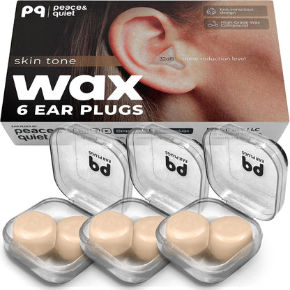 PQ Wax Ear Plugs for Sleep - 6 Silicone Wax Earplugs for Sleeping and Swimming - Gel Ear Plugs for Noise Cancelling, Ear Protection - Sleeping Earplugs with Sound Blocking 32 Db (6-Pillows). Beige