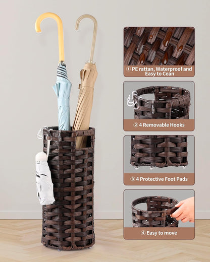 Rattan Umbrella Stand, Umbrella Holder for Entryway, Hand Woven Umbrella Rack Organizer Freestanding, with a Detachable Drip Tray, 4 Hooks, 7.5" L x 7.5" W x 16.5" H