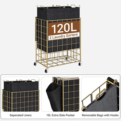 90L Laundry Basket with Wheels, Large Capacity Laundry Hamper with Removable Liner Bags, Heavy Duty Laundry Sorter with Solid Wood Lid & Leather Handles, Grey